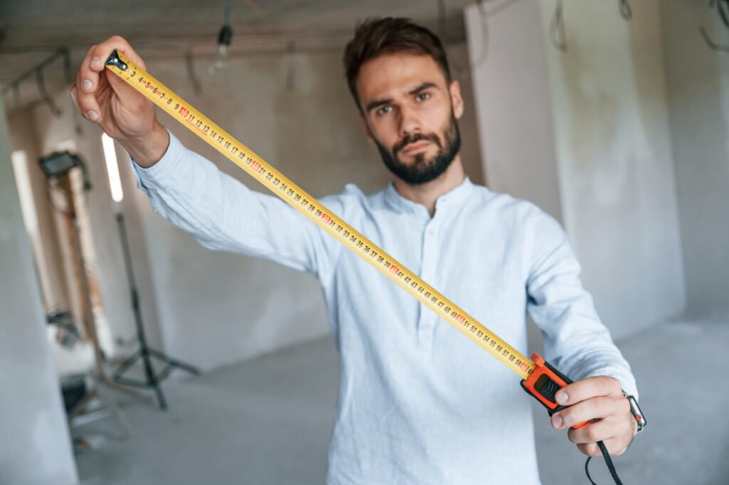 Holding ruler measurement tool. The man is making repairs in the apartment.