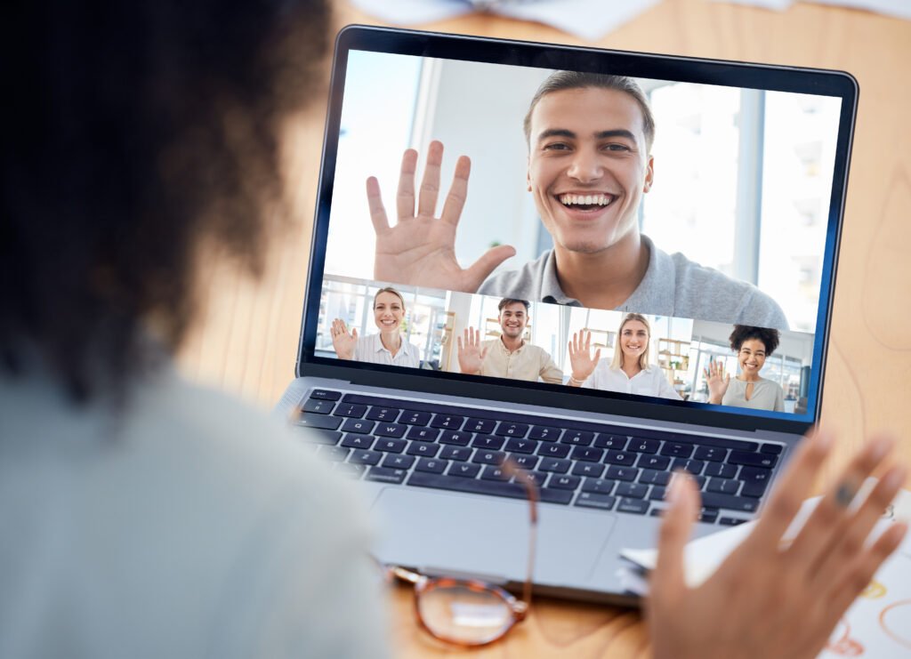 Meeting, laptop and business people on an online video call planning a corporate project together. .