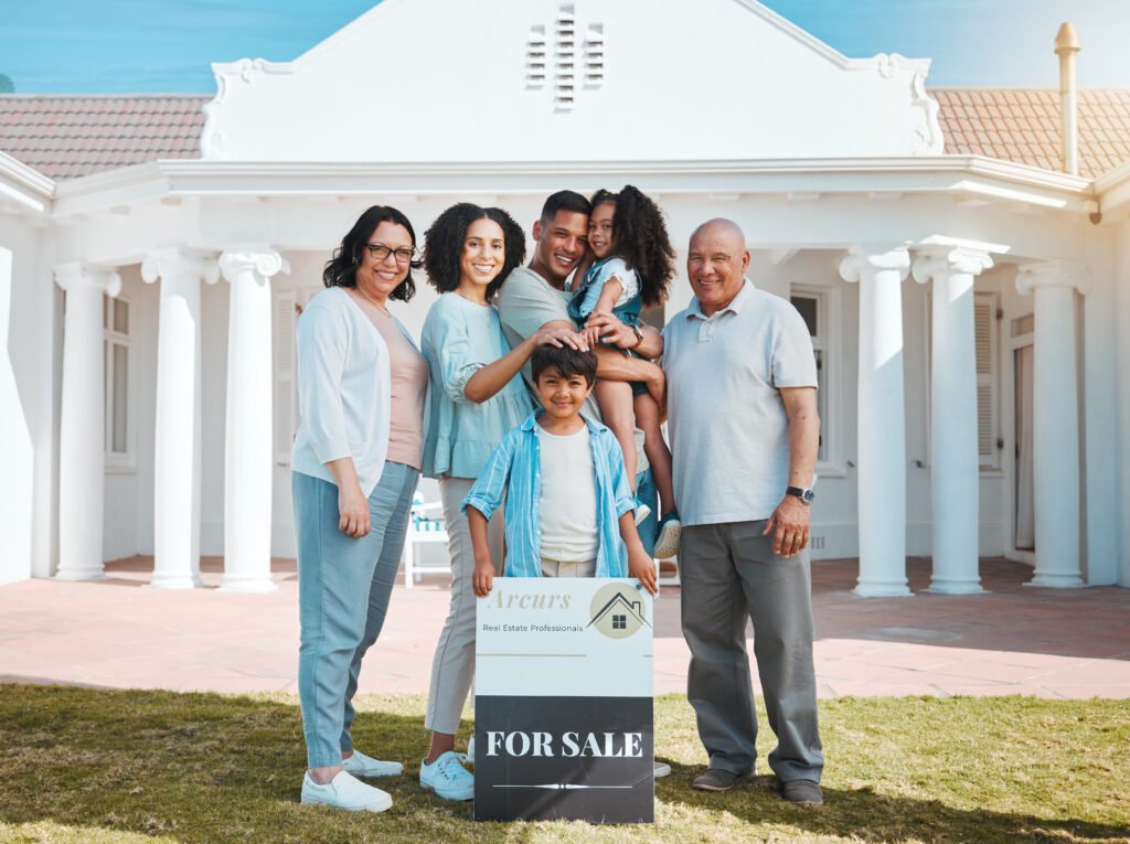 Portrait, real estate and a family with a for sale sign outside of their home together for growth