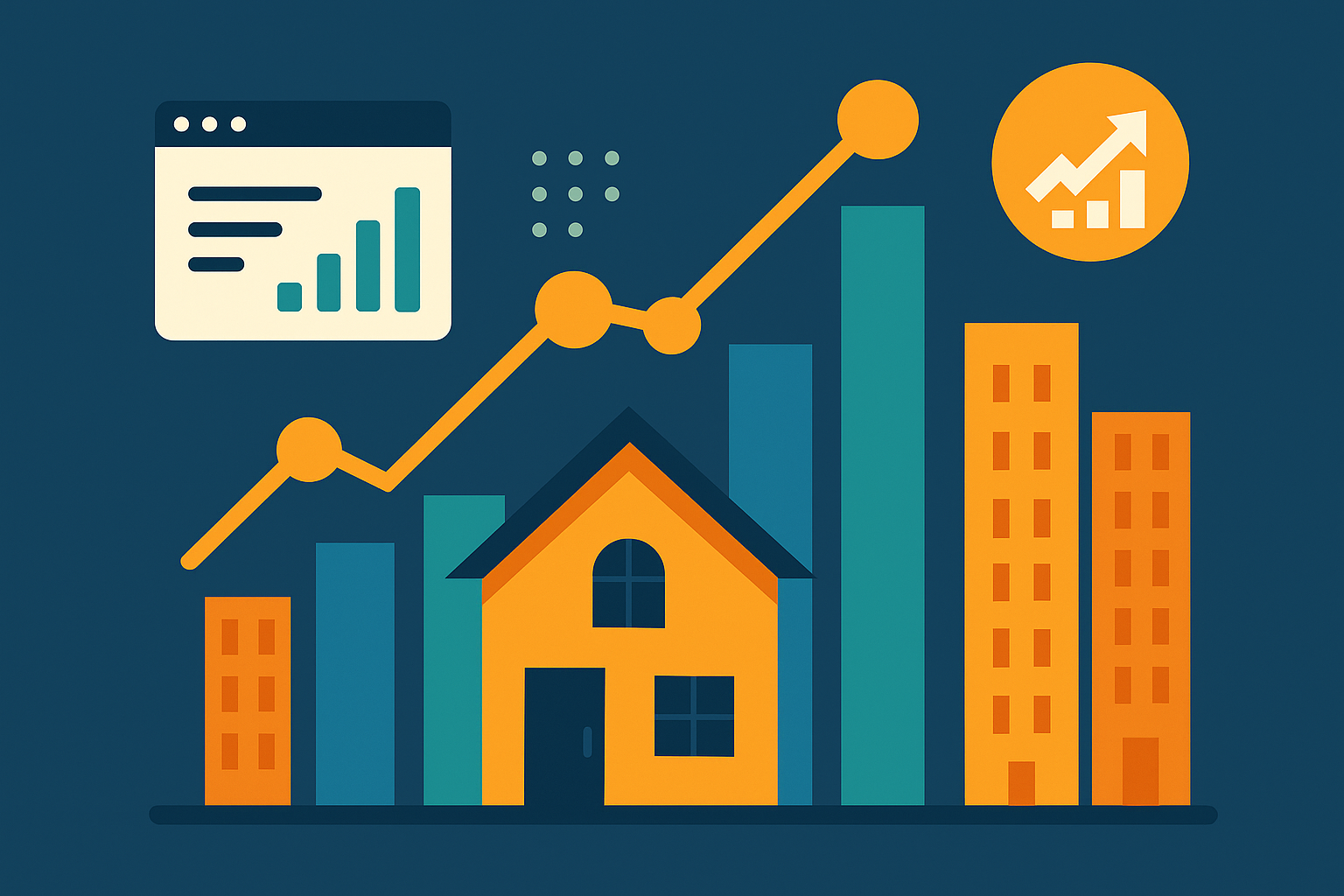 Abstract illustration of real estate SEO analytics with skyscrapers and upward-trending graphs
