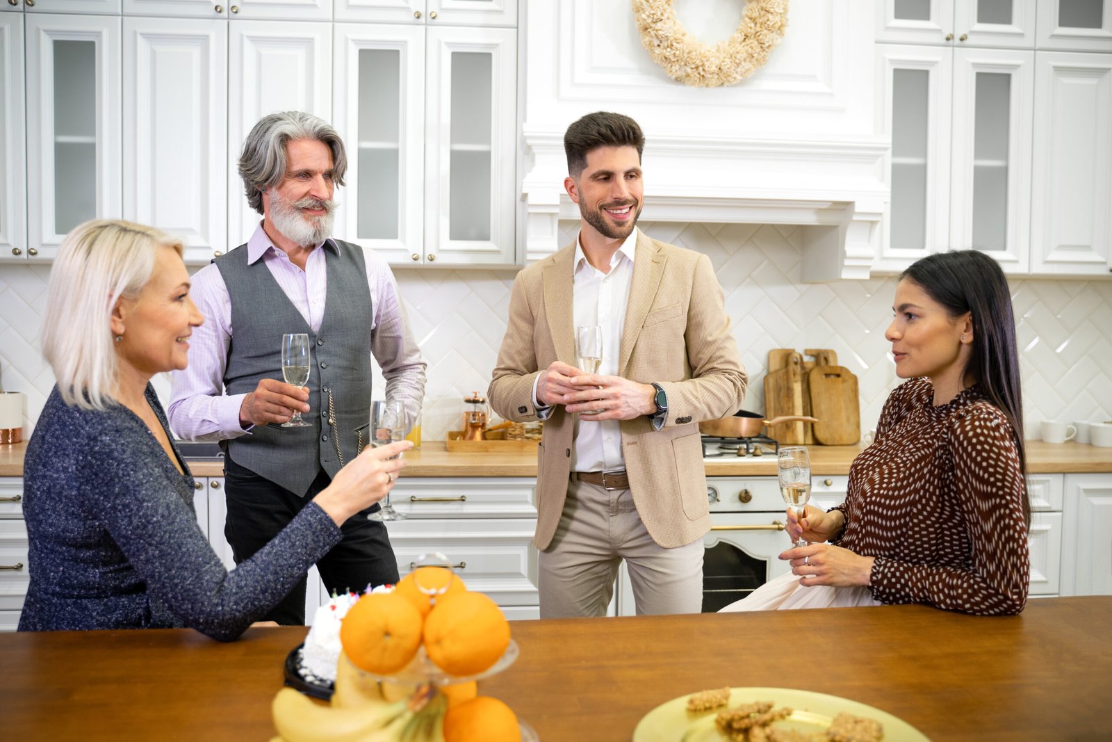 realtor hanging out in the kitchen at an open house talking to clients