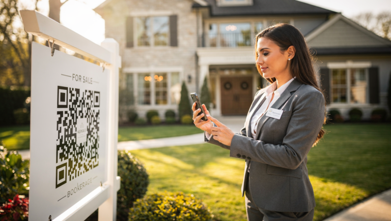 Realtor scanning a QR code on a property sign to show modern real estate engagement