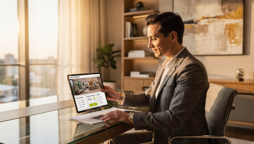 Realtor viewing a high-end listing page on a tablet, representing effective online listing promotion