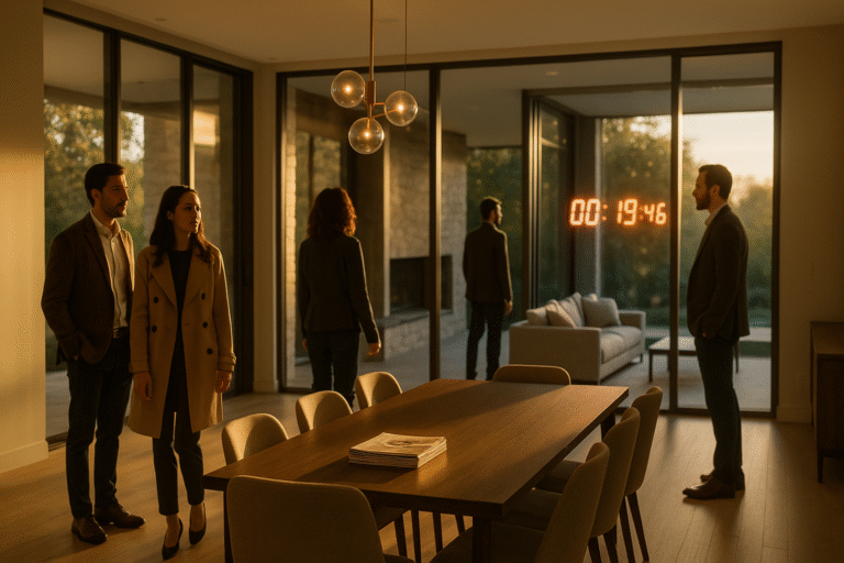 Luxury open house with glowing countdown clock showing how to create urgency online for listings