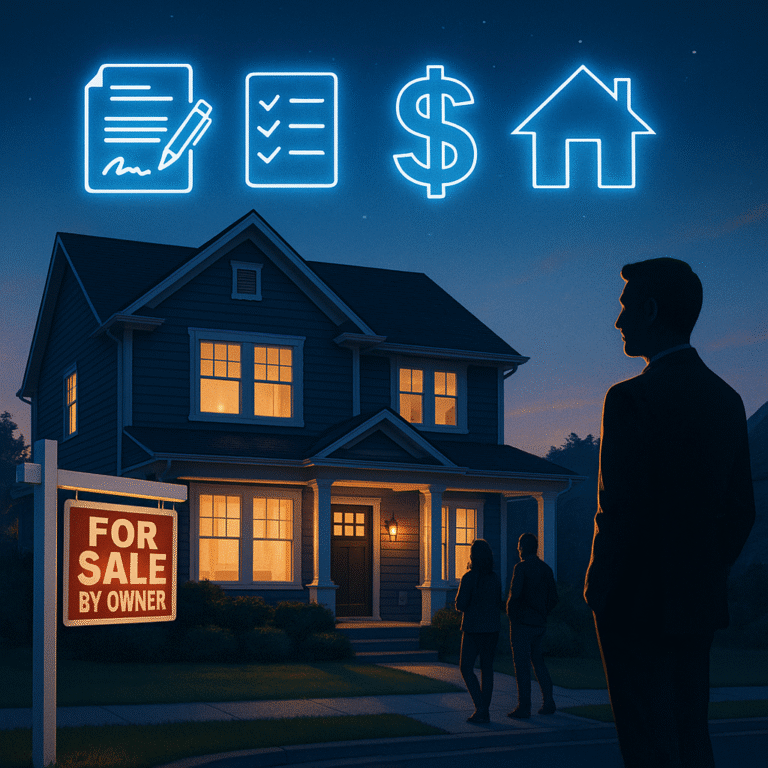 Modern suburban home with FSBO sign and glowing digital icons showing how to start turning FSBOs into clients online