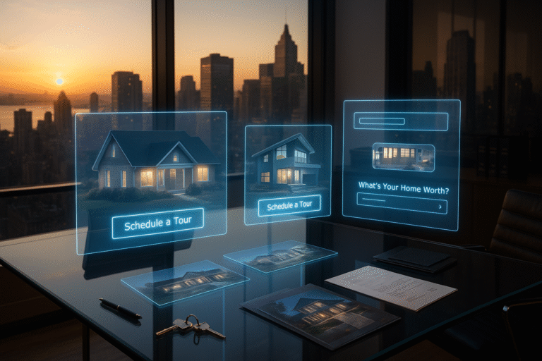 Modern real estate website homepage with luxury property image, bold headline, and clear call-to-action button