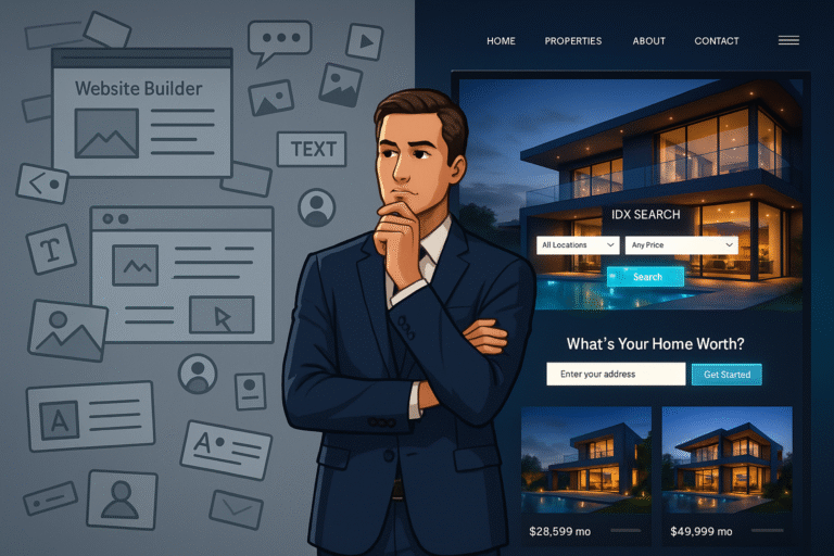 Split-screen concept of DIY real estate website builder vs custom design showing generic template vs luxury professional website