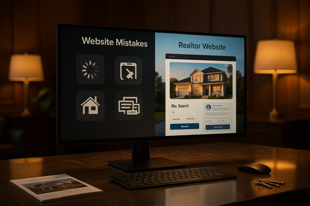 Comparison of a cluttered, outdated real estate website versus a sleek, modern IDX-powered site, symbolizing real estate website design mistakes to avoid.