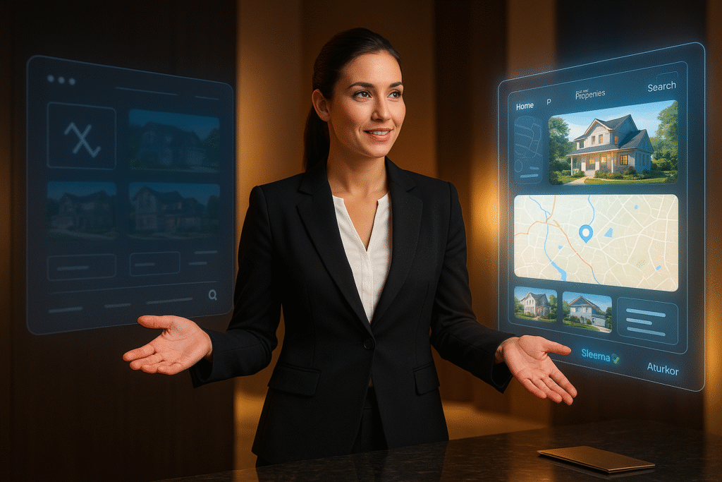 Confident female realtor in a black blazer standing between two floating holographic IDX search pages, one cluttered and generic, the other sleek, modern, and optimized with maps, listings, and SEO elements, symbolizing the power of IDX SEO.