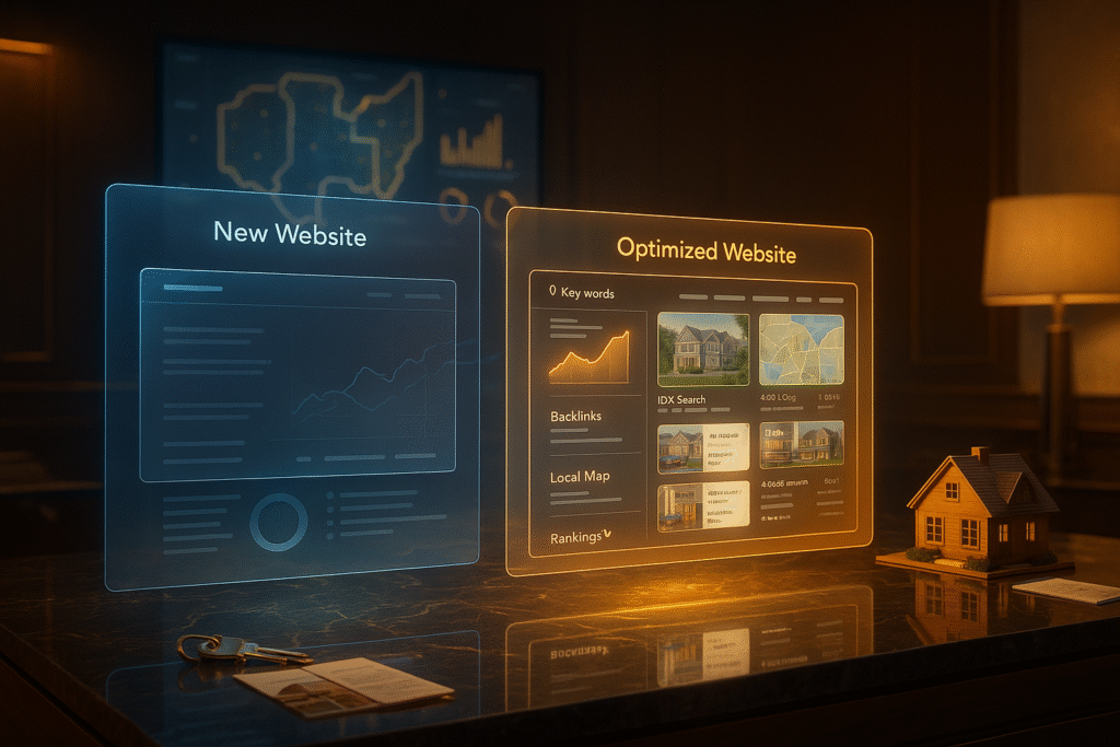 Futuristic digital workspace comparing a brand-new unranked realtor website with a fully optimized site glowing with SEO elements, IDX search, and local rankings.