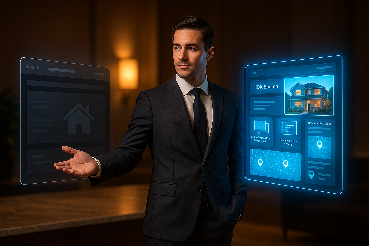 Confident male realtor in a sleek suit stands between two holographic website screens, one showing a blank new site and the other glowing with IDX search, blog posts, backlinks, and Google Maps rankings, symbolizing the power of SEO for new real estate websites.