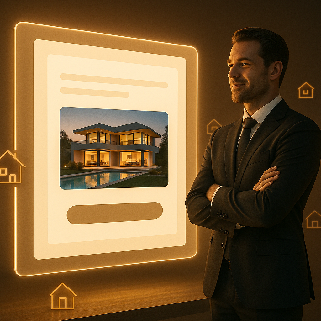 Confident realtor in a suit stands before a glowing digital screen showcasing a minimalist landing page with a home value tool