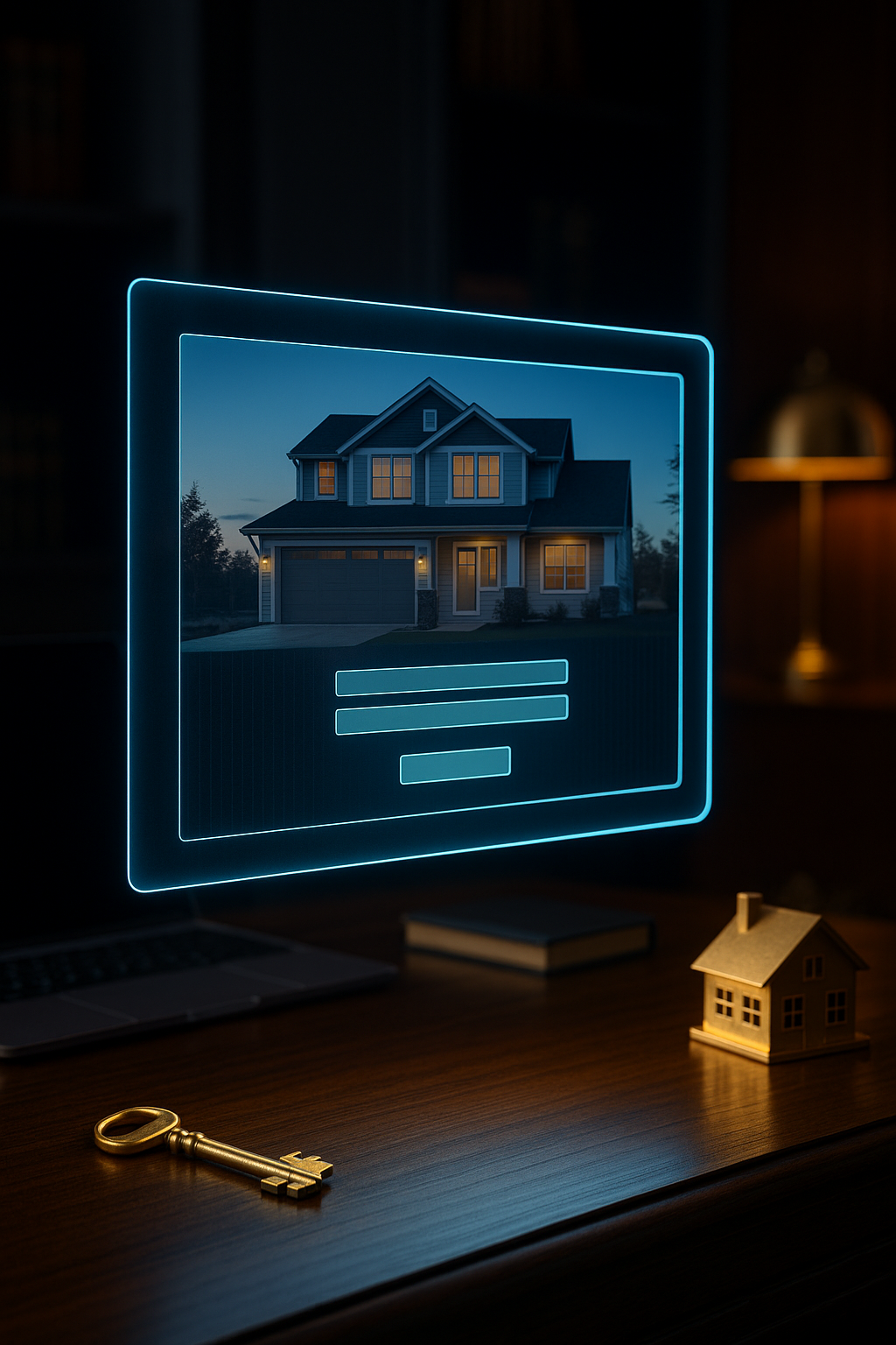 A holographic real estate landing page glowing above a luxury realtor’s desk with a golden key and miniature house model