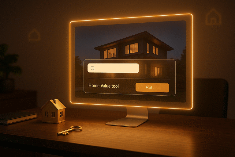 A modern workspace with a glowing digital screen showing a sleek real estate website featuring an IDX search bar and home value tool