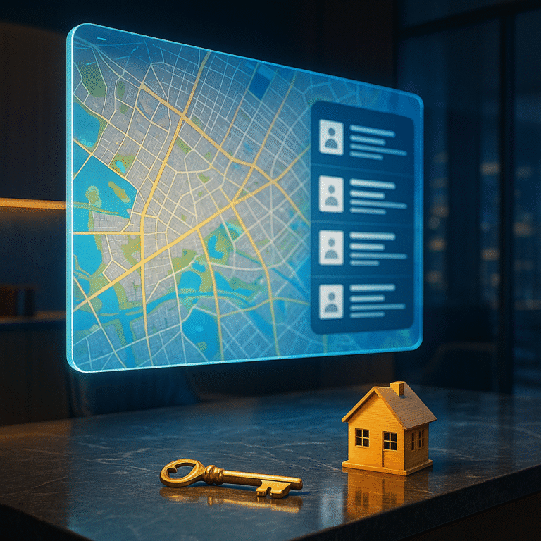 A sleek luxury office with a holographic Google Maps screen showing realtor listings, with a golden house key and home model on the desk symbolizing real estate success.