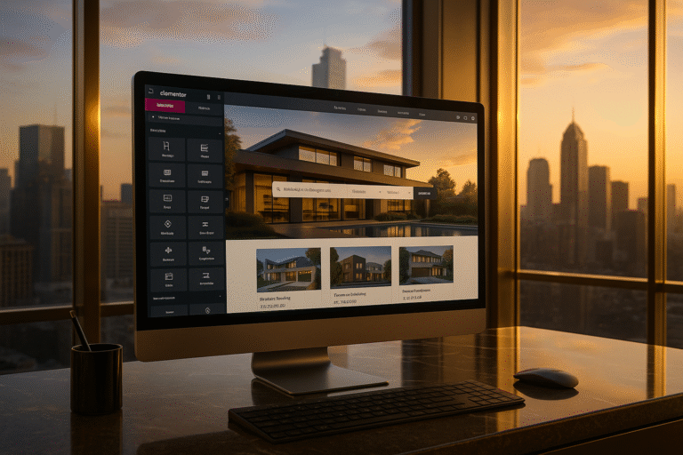 Luxury office with a computer showing a realtor website being built in Elementor, featuring an IDX search bar and property cards.