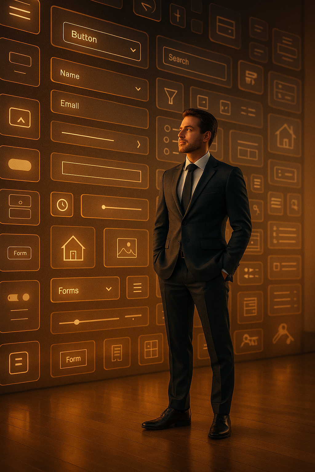 Realtor in front of a futuristic digital wall of Elementor widgets, symbolizing building powerful real estate websites.