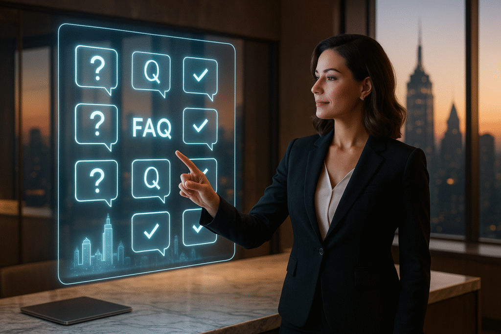 Realtor in a modern luxury office reviewing a glowing holographic FAQ board with city landmarks, symbolizing SEO success.