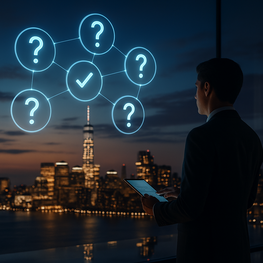 Realtor holding a tablet in front of a glowing city skyline with digital FAQ bubbles connected by lines, representing local SEO authority.