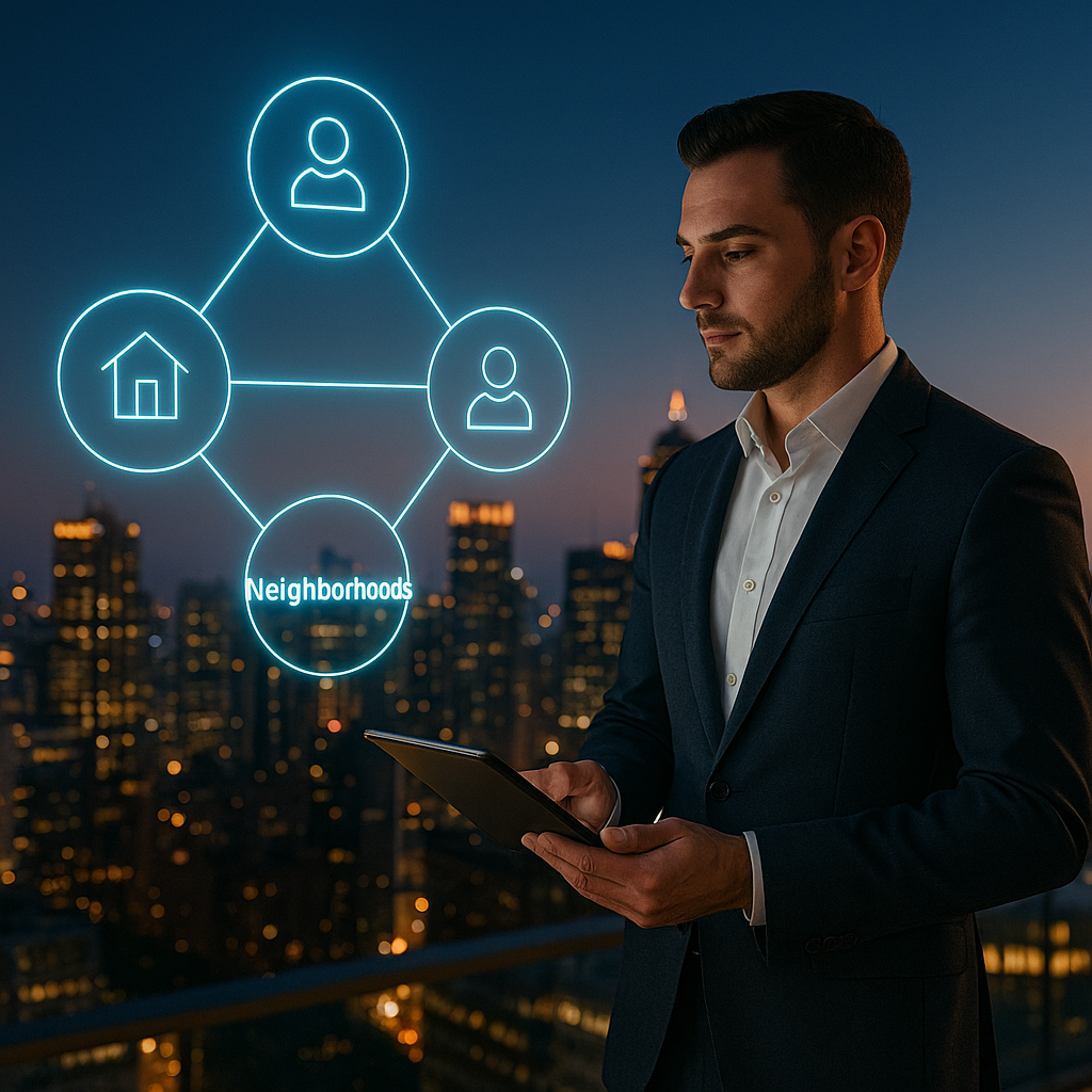 Realtor with a tablet overlooking a city skyline with glowing digital icons connected in a cluster, representing smarter blogging.