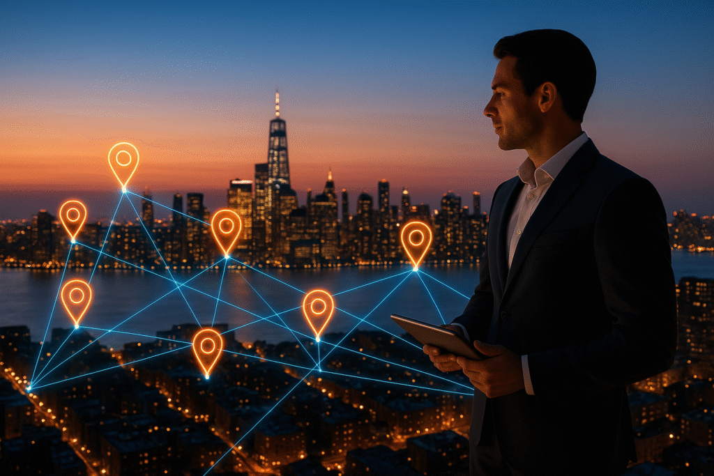 Realtor with tablet pointing at holographic landing page sections over a glowing city skyline at dusk.