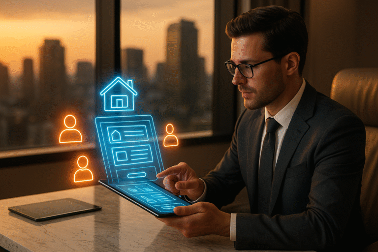 Realtor in modern luxury office reviewing a holographic landing page design with icons for buyers and sellers.