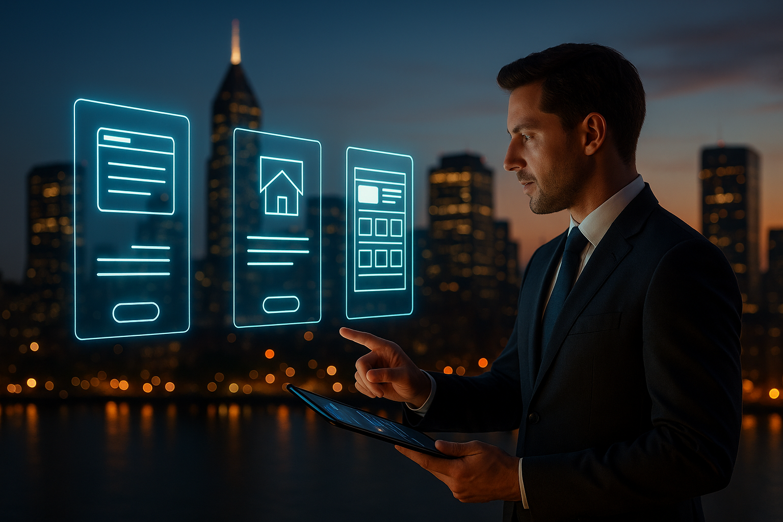 Realtor with tablet pointing at holographic landing page sections over a glowing city skyline at dusk.
