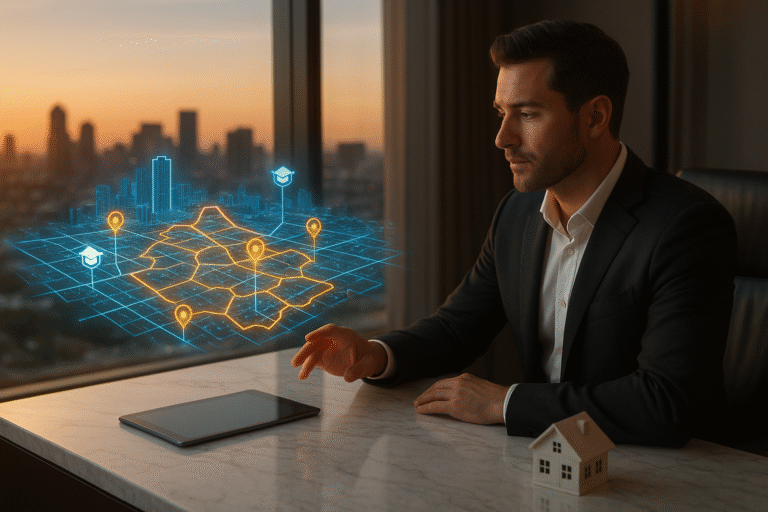 Realtor in modern office reviewing a holographic city map with neighborhoods and schools for geo-targeted real estate content.