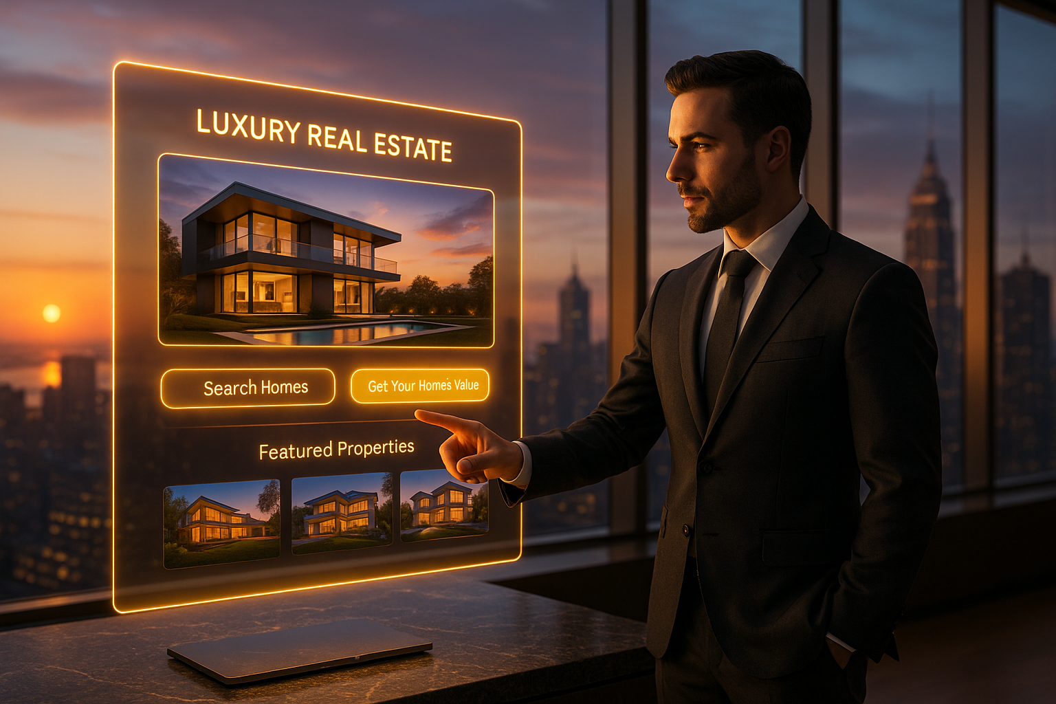 Realtor in a luxury office pointing to holographic CTA buttons on a futuristic real estate website mockup.