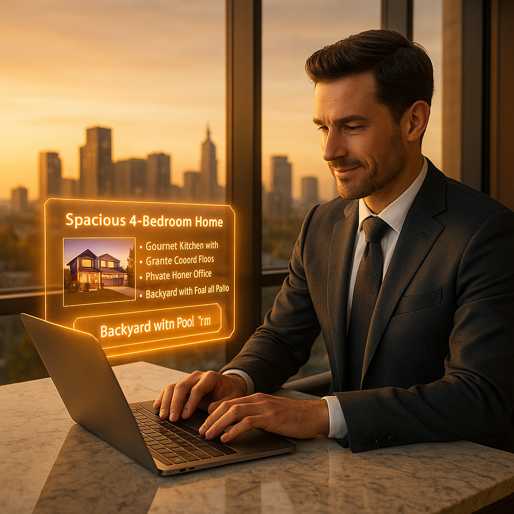 Realtor writing a holographic listing description in a modern luxury office.