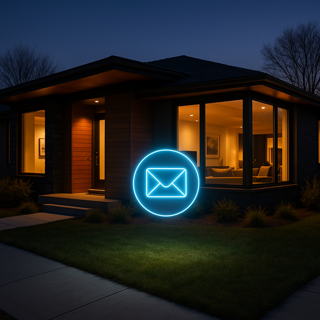 Modern home at dusk with glowing holographic email symbol floating outside, representing open house follow-up.