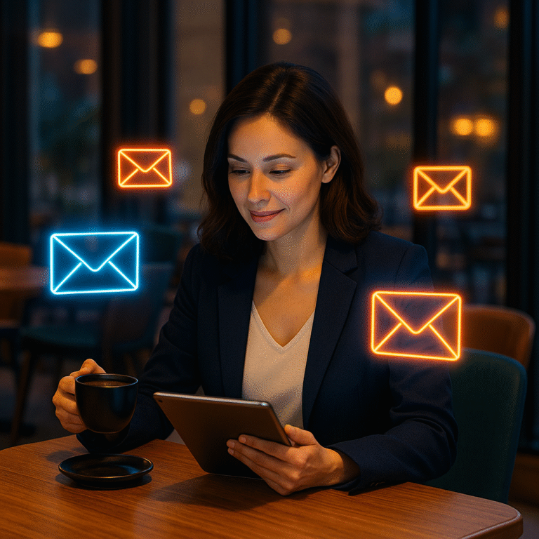 Realtor writing follow-up emails on a tablet in a café with glowing holographic email icons around them.
