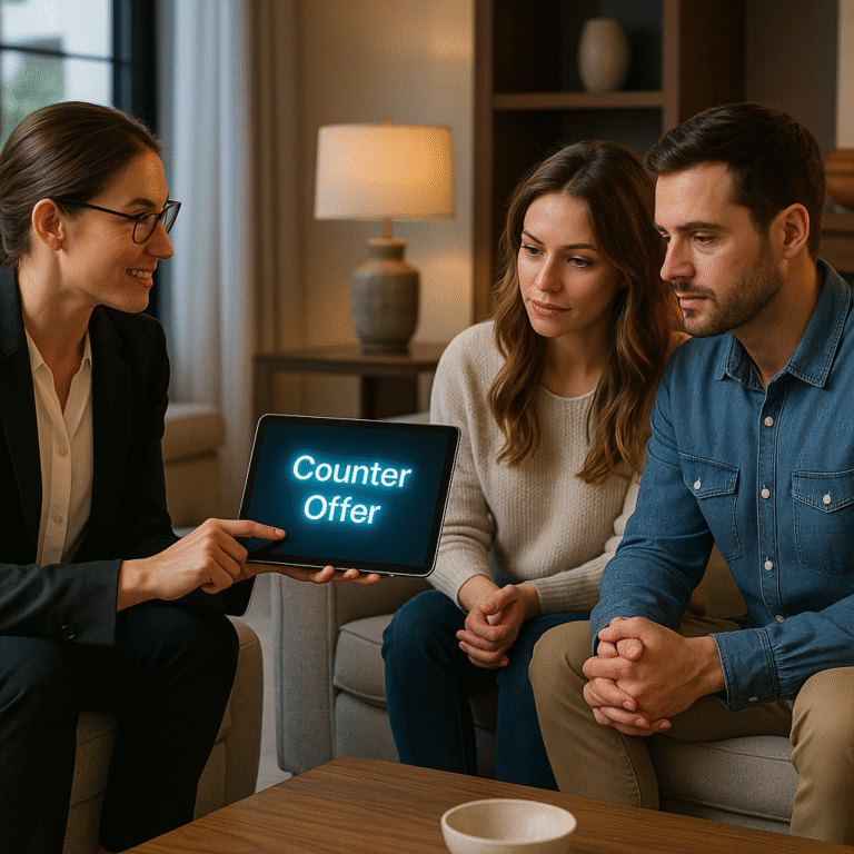 Realtor presenting digital counter-offer on a tablet to buyer couple in modern living room.