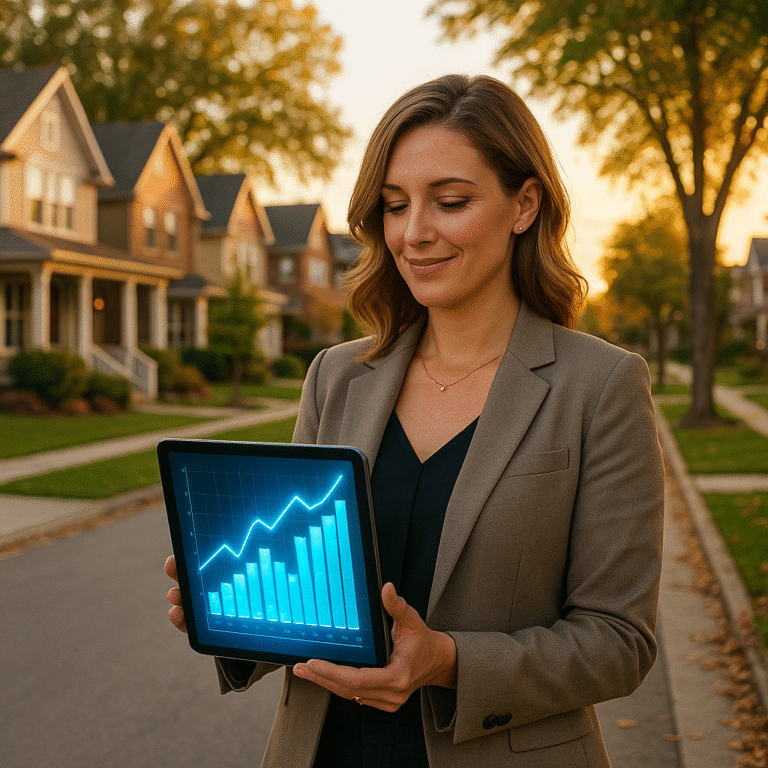 Realtor holding digital tablet showing glowing market analysis chart for single-family homes on stylish neighborhood street.