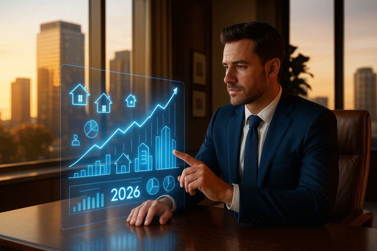 Realtor in luxury office analyzing glowing holographic real estate market trends for 2026.