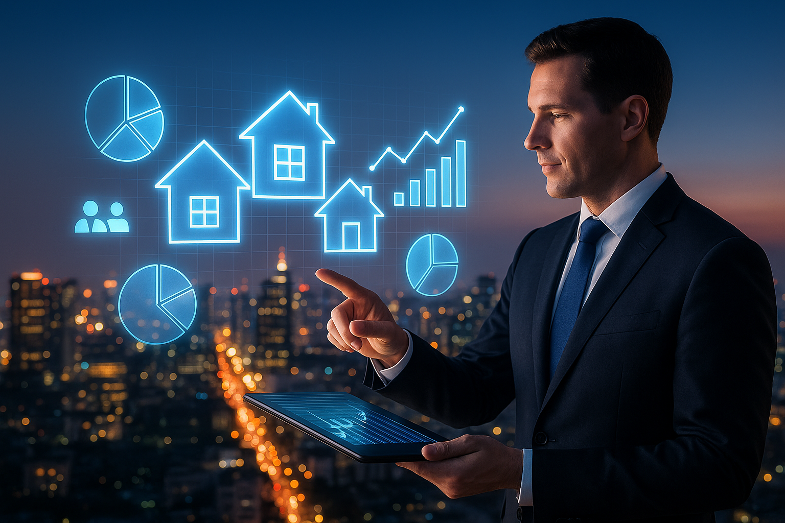 Realtor using a tablet with holographic overlays of 2026 real estate market trends above a city skyline.