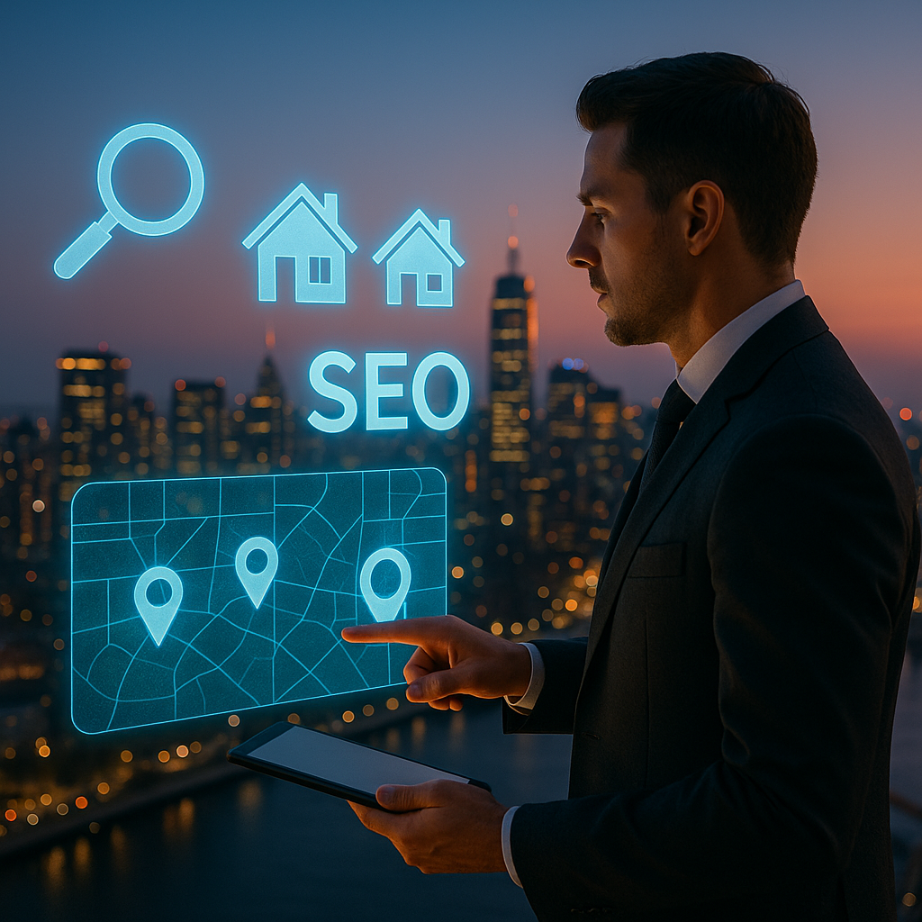 Realtor using a tablet with holographic SEO data and local real estate search overlays above a city skyline.