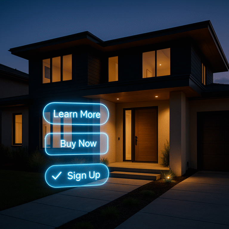 Modern home exterior at dusk with glowing holographic call-to-action buttons symbolizing real estate website conversions.