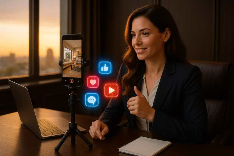 Realtor recording a home tour video with glowing social media icons in a luxury office.