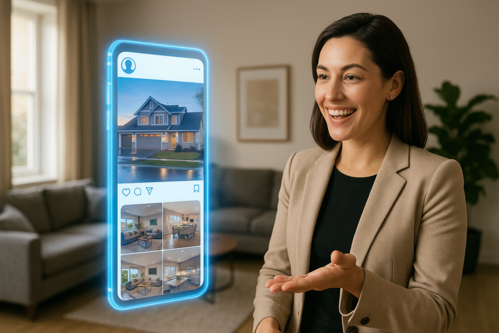 Realtor presenting real estate listing posts on a holographic phone display in a modern living room.