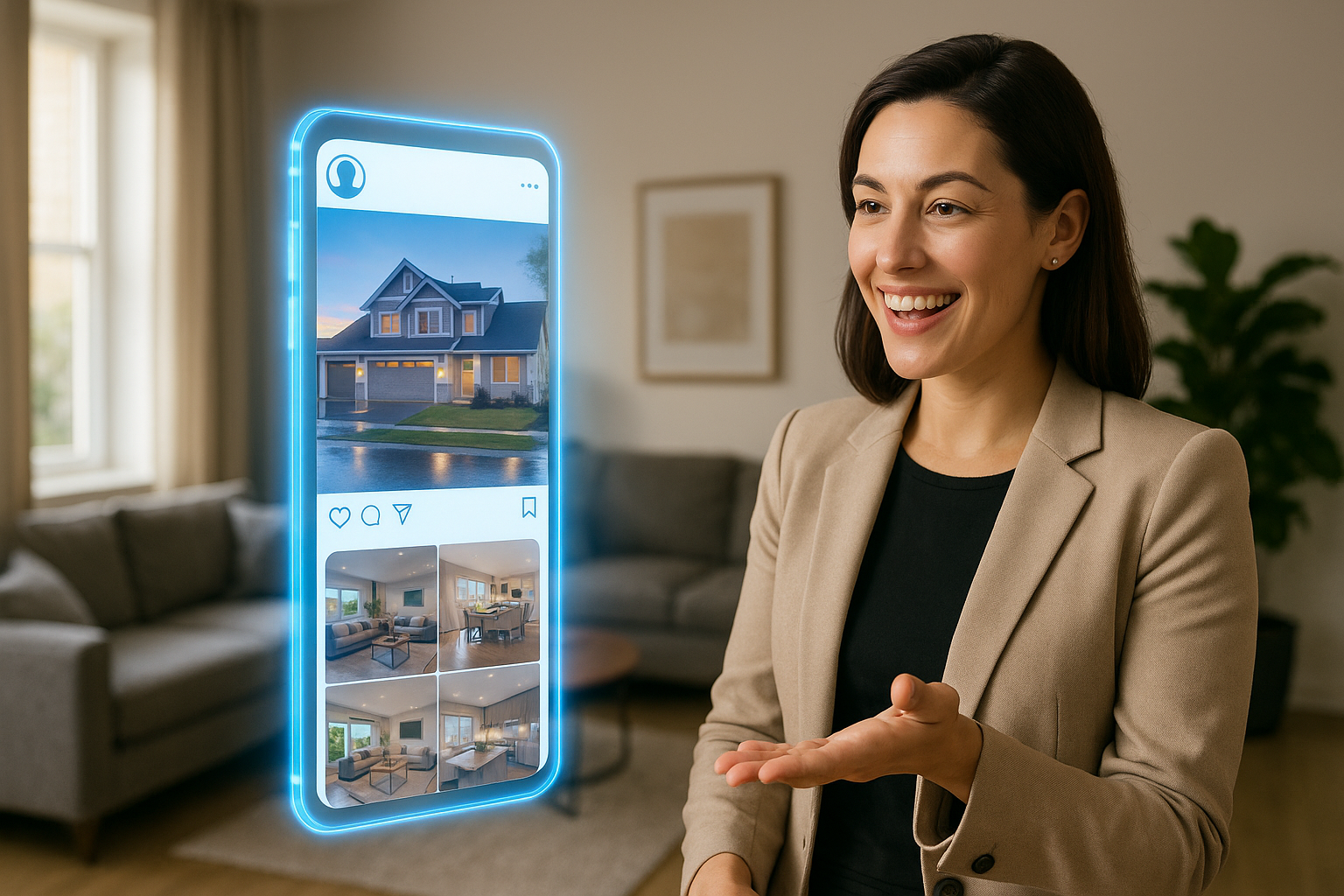 Realtor presenting real estate listing posts on a holographic phone display in a modern living room.
