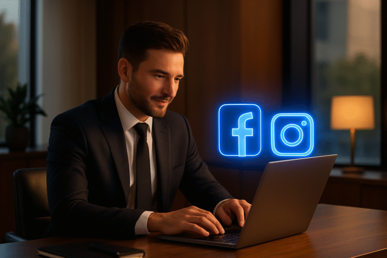 Realtor creating ad copy with glowing Facebook and Instagram icons in a luxury office.