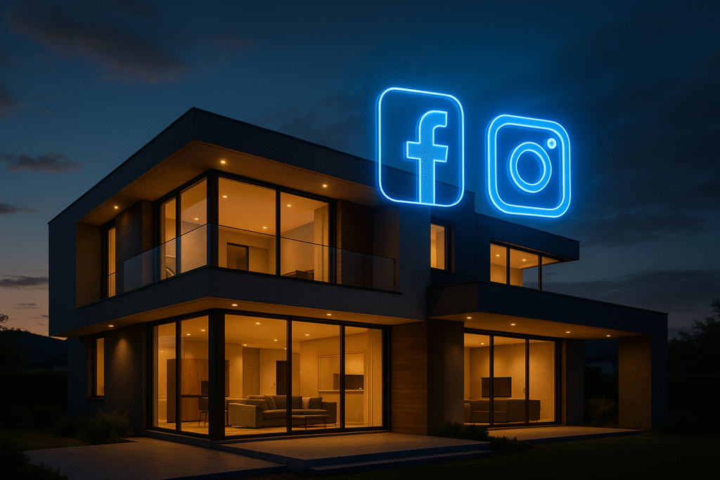 Modern home with glowing holographic Facebook and Instagram ads representing real estate marketing success.