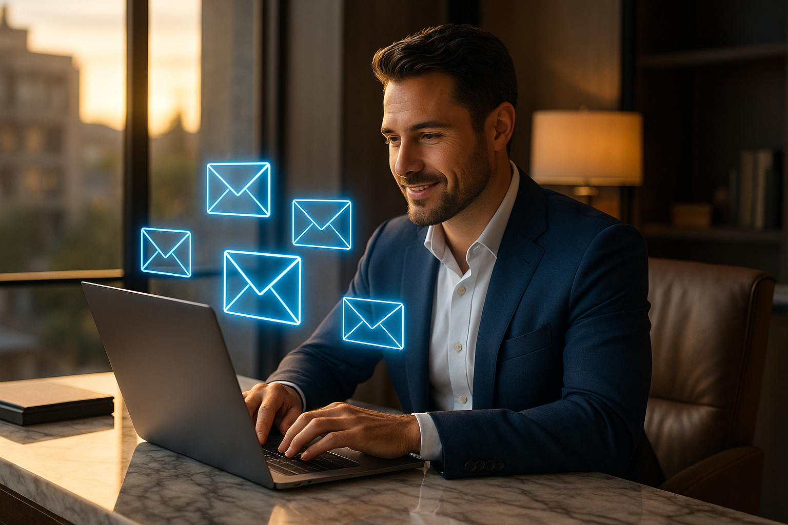 Realtor in a luxury office writing emails with glowing holographic envelopes symbolizing a drip email campaign.