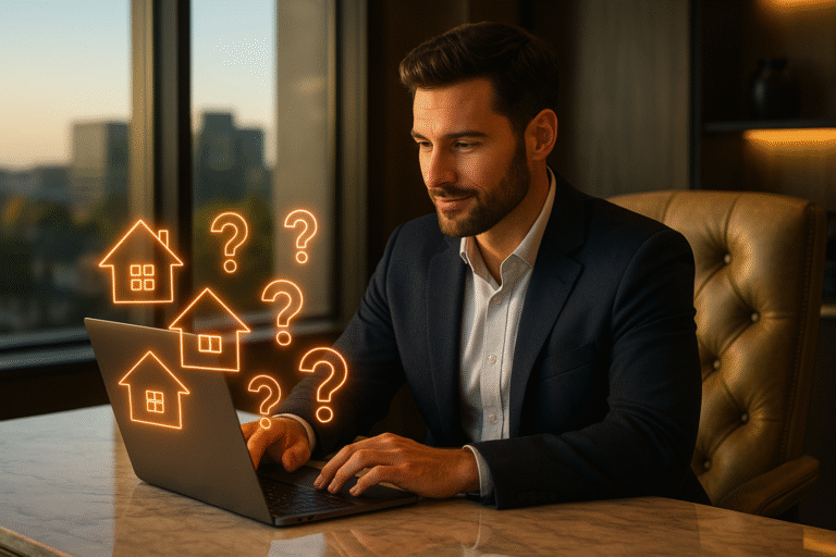 Realtor writing blog posts with glowing holographic icons for first-time homebuyers.