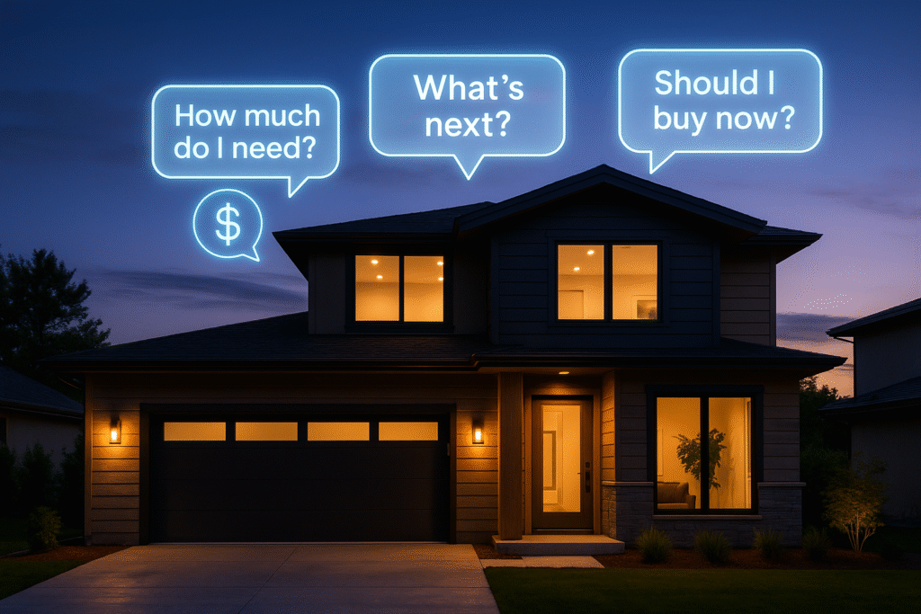 Modern home with holographic first-time buyer questions floating above it.