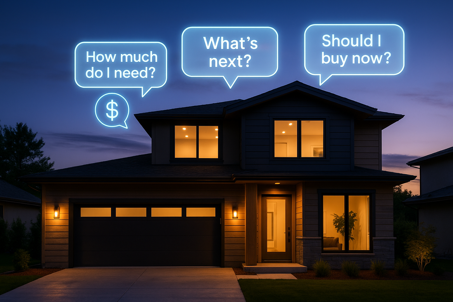 Modern home with holographic first-time buyer questions floating above it.