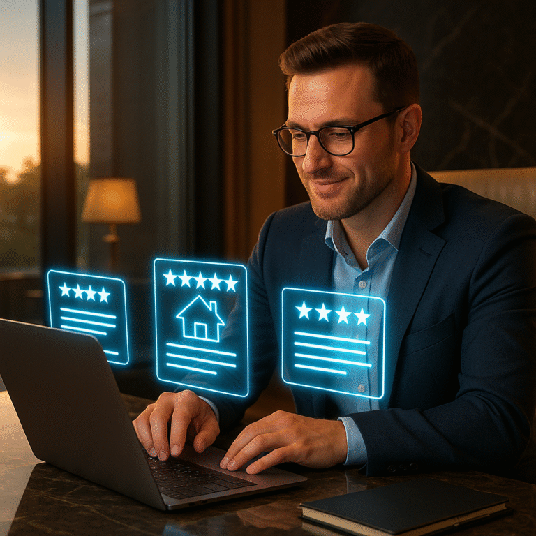 Realtor reviewing glowing holographic testimonial cards in a luxury office.