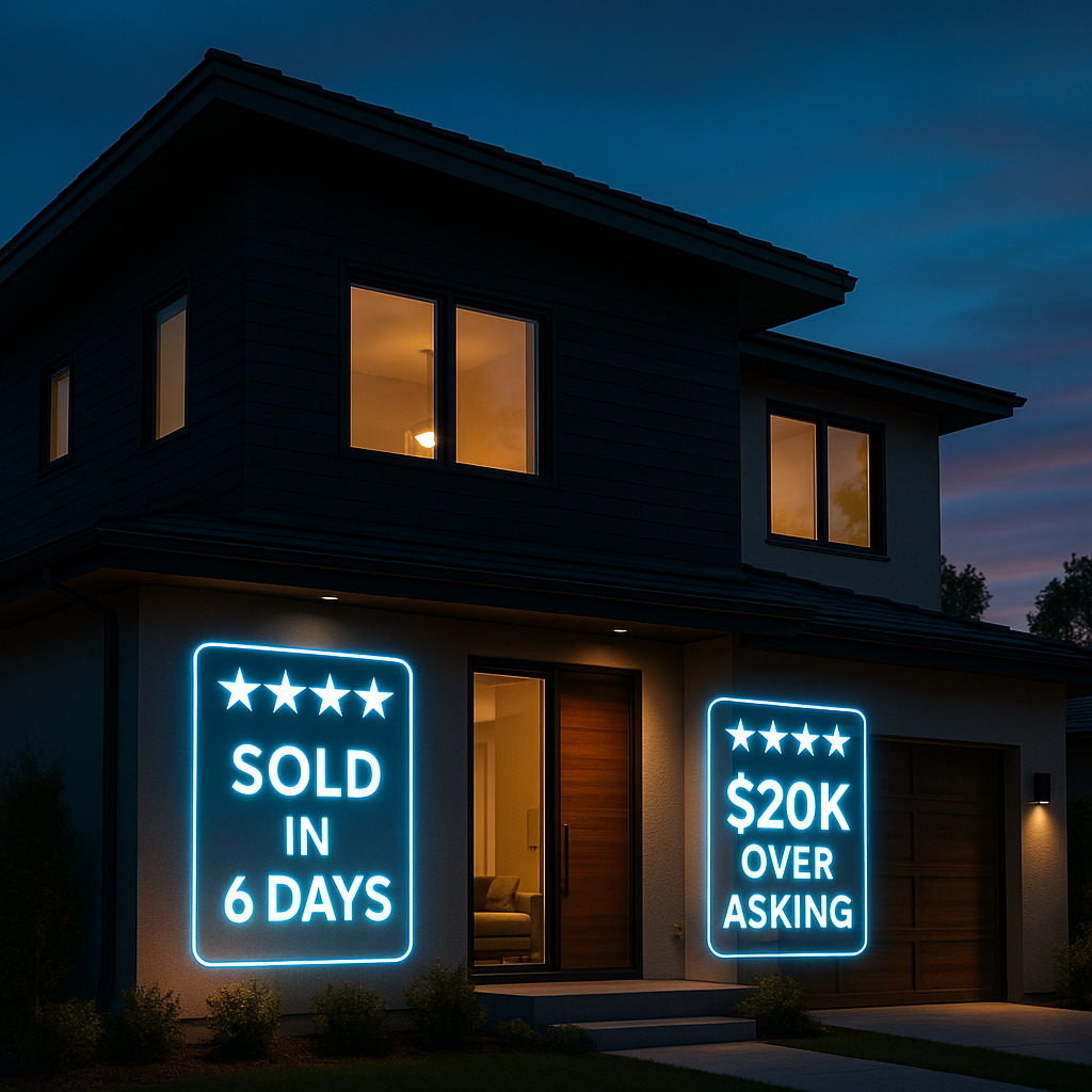 Modern home with glowing holographic case study panels showing successful sales results.