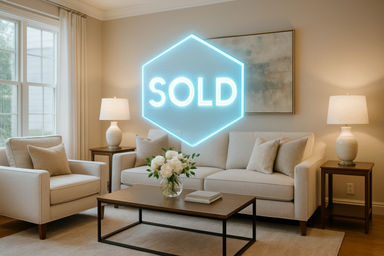 Staged modern living room with neutral décor and holographic SOLD sign.